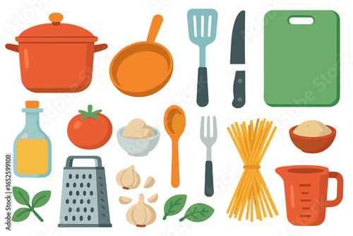 Cooking utensils and ingredients set for Italian cuisine cooking with pot, pan, cutting board, knife, grater, garlic, tomato, basil, pasta, olive oil and measuring cup, vector illustration