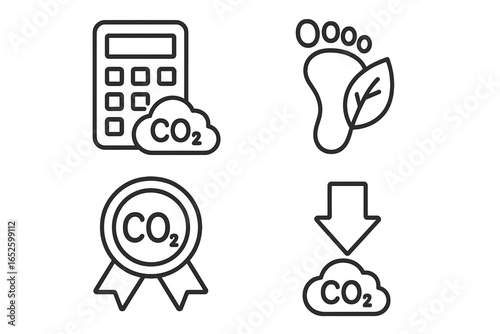 Carbon footprint line icon set. CO2 emissions reduction. Carbon calculator symbol. Eco friendly footprint with leaf. Carbon offset credit. CO2 neutral certificate pictogram.