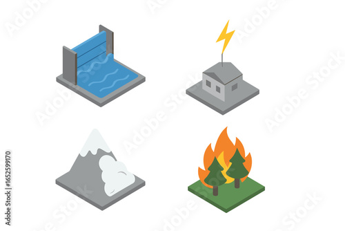 Isometric Weather Hazard Icons Set Including Flood Barrier, Lightning Rod, Avalanche, and Wildfire Illustrations for Natural Disaster Awareness and Safety