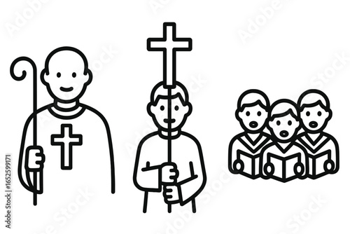 Christian religious procession outline icon set. Bishop with crosier staff, acolyte carrying cross, and church choir singers. Vector line art for catholic liturgy.