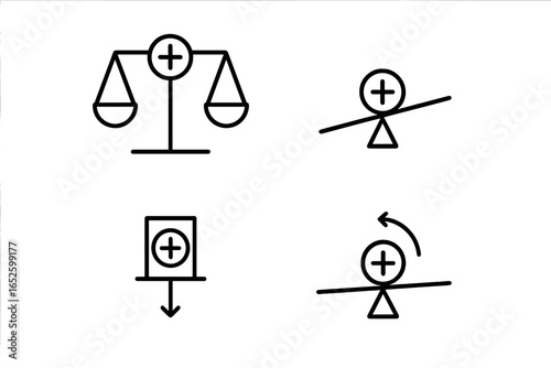 Center of gravity icon set. Physics concepts of balance, equilibrium, and stability. Mass, weight, force, and torque symbols. Line art vector illustration for science.
