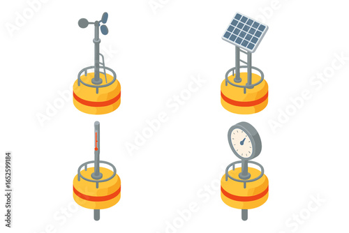 Isometric Flat Weather Buoy Icons Set with Anemometer Mast, Solar Panel, Temperature Probe, and Barometer Housing – Vector Illustration on Transparent Background