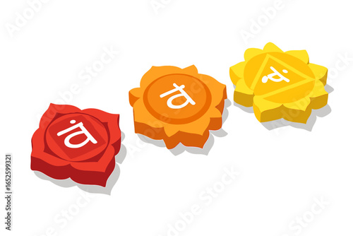 Isometric Flat Chakra Symbol Icon Set, Including Root Chakra, Sacral Chakra, Solar Plexus Chakra, Vector Illustration of 4 Vibrant Energy Centers for Spiritual Balance and Healing