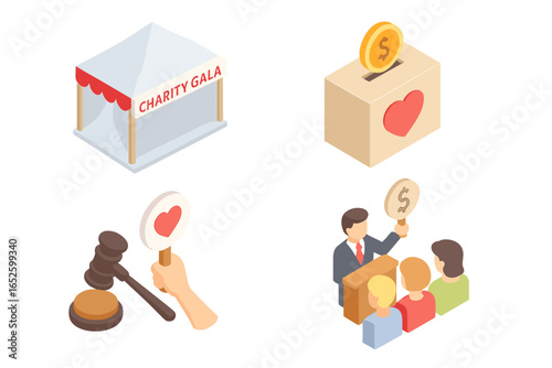 Charity Auction Icons Isometric Flat Vector Set of 4, Charity Gala Tent, Donation Box, Benefit Auction Event, Fundraising, Charity Donation Symbols