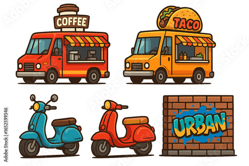 Urban City Elements with Food Trucks, Scooters, and Colorful Street Art in Vibrant Vector Cartoon Style on Transparent Background
