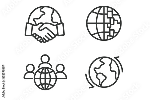 Globalization outline icon set. International business, partnership, and communication symbols. World community, global network, and international trade vector icons.