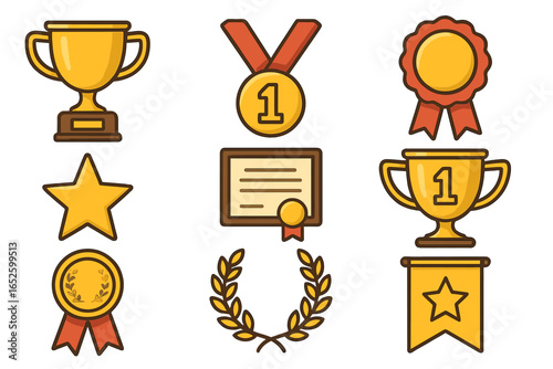 Set of award icons. Golden trophy cup, medal, certificate, star, and laurel wreath. Winner prize symbols. First place champion achievement vector illustration set.