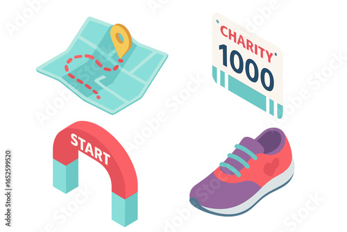 Charity Walkathon Icons Isometric Vector Set of 4 Including Walking Route Map, Participant Bib Number, Starting Arch, and Running Shoe Illustration for Fundraising Event