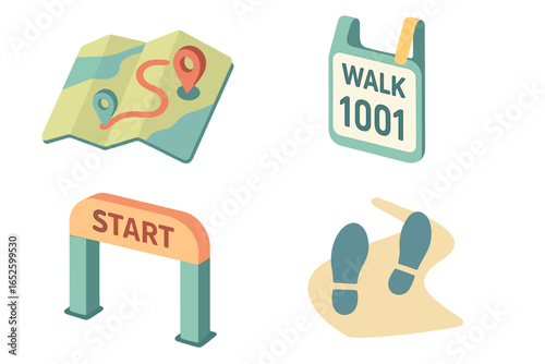Isometric Charity Walkathon Icons Set of 4, Walking Route Map with Location Markers, Participant Bib with Number 1001, Starting Line Arch, Footprints Trail, Vector Illustration Transparent Background
