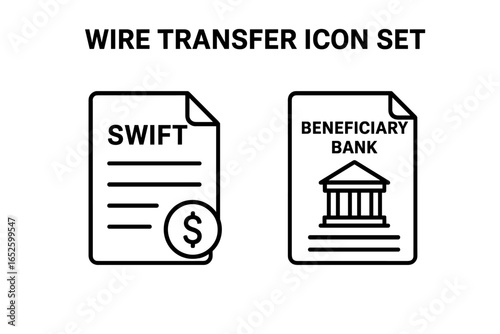 Wire transfer icon set, outlined icons of wire transfer documents including SWIFT form and beneficiary bank details, vector transparent background banking and finance illustration