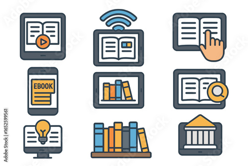 Modern digital reading and library technology icons set, eBook, tablet, online books, interactive reading, digital library, knowledge concept vector illustration