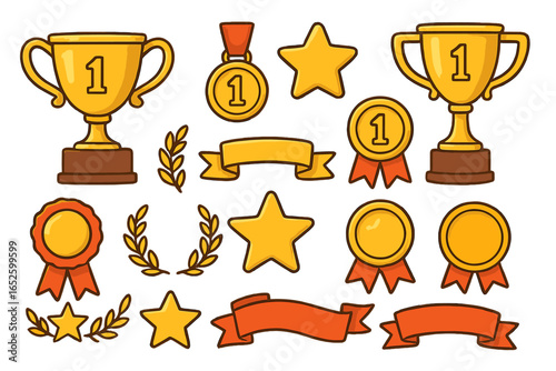 Award icon set. Gold trophy cup, first place medal, star, and ribbon banner collection. Vector cartoon illustration for winner, victory, and achievement concepts.
