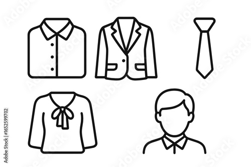 Professional dress code line icon set. Business attire and corporate grooming symbols. Formal office clothing vector collection with shirt, blazer, tie, and blouse icons.