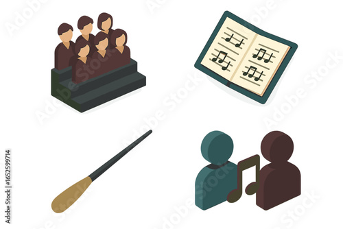Choir Therapy Icons Isometric Flat Vector Set of 4 with Choir Group, Conductor Baton, Sheet Music Binder, and Singing Partners for Music and Therapy Concepts
