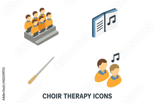 Isometric Choir Therapy Icon Set - Group Singing, Choir Stand, Sheet Music Binder, Conductor Baton, Vocal Matching in Vector Illustration