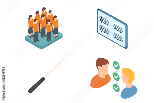 Choir Therapy Icons Isometric Flat Vector Set of 4 Including Choir Group, Sheet Music Binder, Conductor Baton, Communication and Matching Concepts