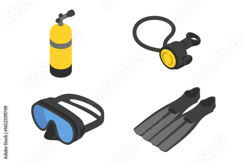 Cave diving gear icons. Isometric flat icon set of scuba diving equipment. Scuba tank, regulator, dive mask, and fins. Underwater adventure sport. Vector illustration.