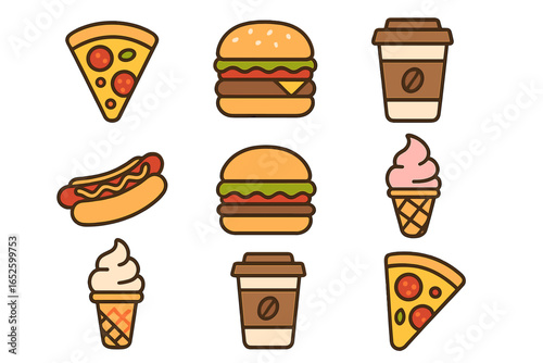 Various Fast Food Icons Including Pizza, Burgers, Coffee, Hot Dogs, and Ice Cream in Flat Design Style, Colorful Vector Cartoon Illustration on Transparent Background