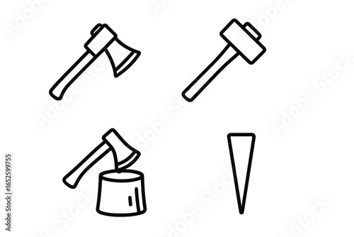 Chopping Tools Icons Set, Outline Vector Illustration of Axe, Splitting Maul, Hatchet, Chopping Block, and Splitting Wedge on Transparent Background for Woodworking and Logging