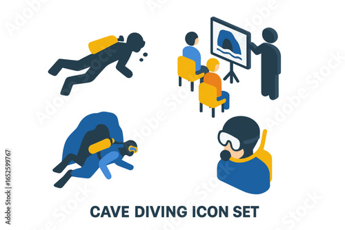 Cave diving icon set. Isometric flat vector illustrations of scuba divers. Underwater extreme sport concept. Includes safety briefing lesson, diver silhouette, exploration.