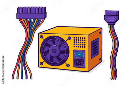 Computer power supply unit, PSU with ATX and SATA cables. Vector cartoon illustration for PC gaming, hardware upgrade, or tech projects. Isolated electronic component set.