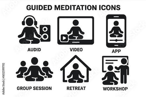 Guided meditation solid icon set. Vector glyph pictograms of mindfulness formats like audio, video, app, group session, retreat, and workshop for wellness and yoga.