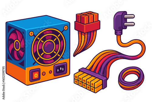 Isometric vector illustration of PC hardware components. Computer power supply unit, ATX motherboard cable, CPU connector, and power cord. Gaming rig parts set isolated.