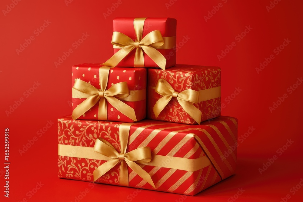 Obraz premium Stacked luxurious red gift boxes against a red background