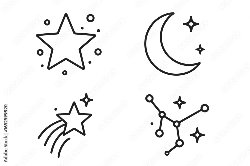 Naklejka premium Celestial icon set with star, crescent moon, shooting star, and constellation. Outline vector illustration for astrology, astronomy, and starry night sky concepts.