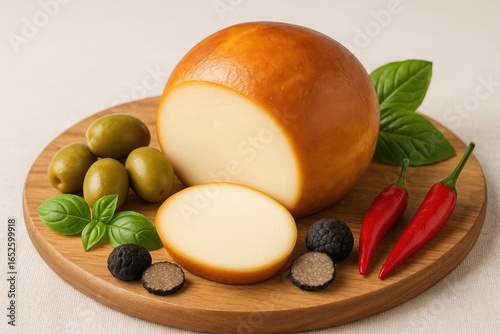 Smoked mozzarella cheese complemented by olives, truffles, and peppers