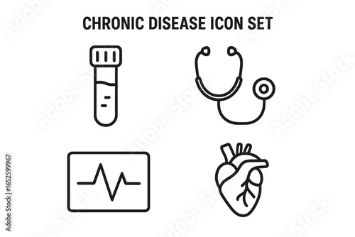 Chronic Disease Medical Icon Set, Blood Test Vial, Stethoscope, ECG Heart Monitor, Cardiovascular Health Vector Illustration for Risk Assessment and Screening
