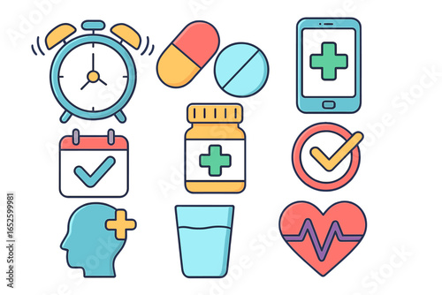 Medication reminder and health management icon set. Vector icons for medical app, treatment schedule, pill intake time, and healthcare routine. Pharmacy, drug, and health tracking symbols.
