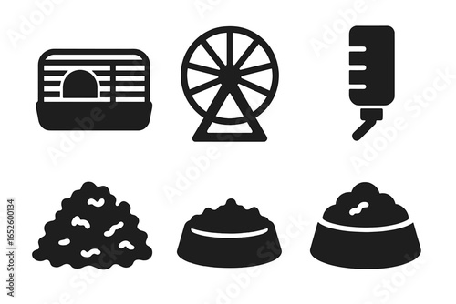 Hamster habitat solid glyph icon set. Pet care equipment vector collection. Domestic animal accessories symbol. Hamster cage, exercise wheel, water bottle, bedding, food.