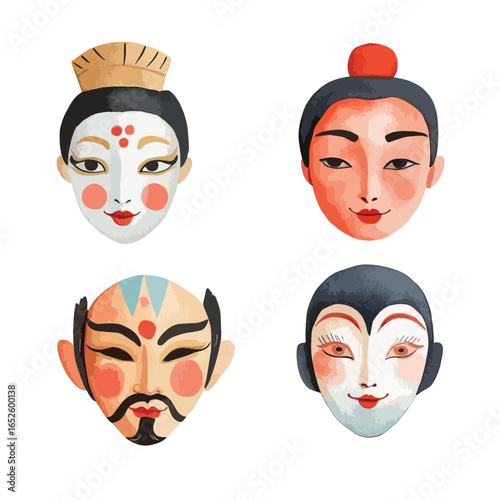 Four Distinctive Colorful Stylized Asian Theatrical Masks with Unique Features