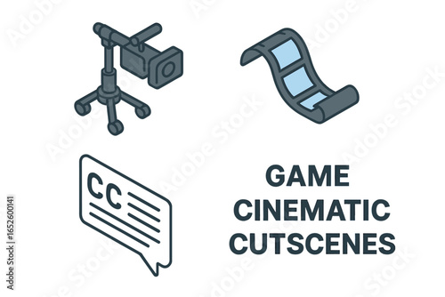 Cinema Festival Icons Set of 4 Vector Illustrations of Film Reel, Clapperboard, Popcorn, Director Chair, Camera, Movie and Film Industry Symbols Transparent Background