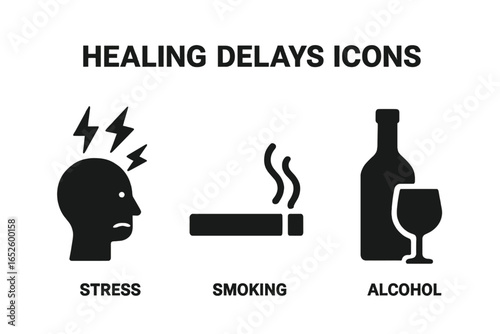 Healing delays solid icon set. Factors slowing recovery vector illustration. Stress, smoking, alcohol flat pictograms. Unhealthy lifestyle, addiction, bad habits concept.