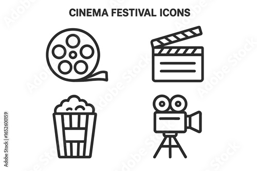 Cinema Festival Icons Set of 4 Outline Vector Illustrations Including Film Reel, Clapperboard, Popcorn, and Movie Camera for Film and Cinema Events