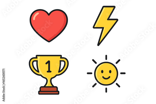 Vector icon set for health, energy, achievement, positivity concepts. Heart for life, lightning for power, trophy for success, happy sun for good mood. Flat design pack.