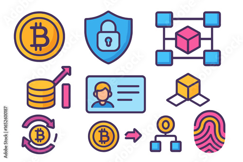 Cryptocurrency icon set. Bitcoin transaction, exchange, payment. Blockchain technology. Digital identity, ID card, data security. Biometric fingerprint. Fintech finance concept.