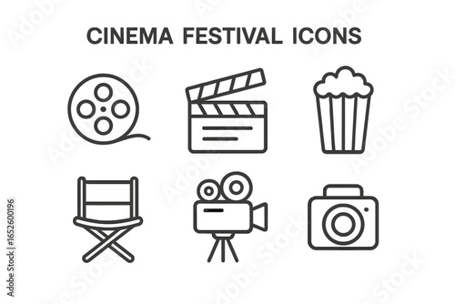 Cinema Festival Icons Outline Set of Film and Cinema Festival Symbols Including Film Reel, Clapperboard, Popcorn, Director Chair, Movie Camera, and Camera Vector Illustration