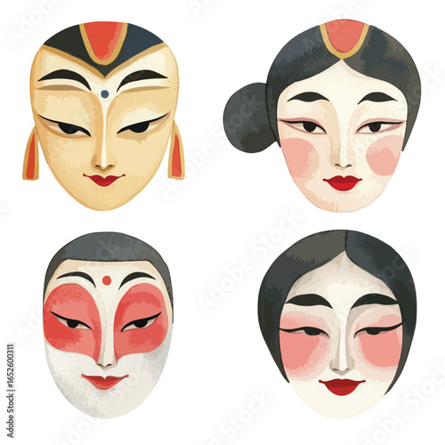 Four stylized Kabuki masks with distinct makeup and hair designs