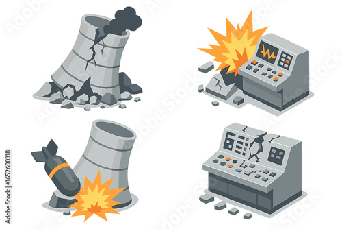 Nuclear power plant destruction isometric icon set. Concepts of war, terrorism, attack, and industrial disaster. Bombed cooling tower and shattered control panel vectors.