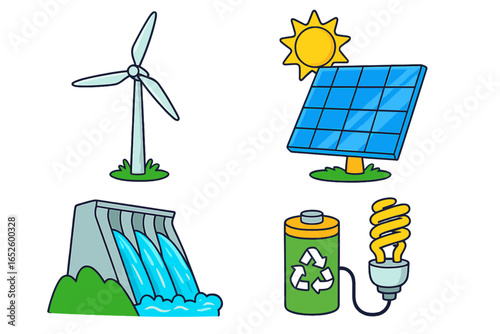 Renewable energy sources icon set. Vector cartoon illustration of wind turbine, solar panel, hydroelectric dam, and rechargeable battery. Green, sustainable power concept.