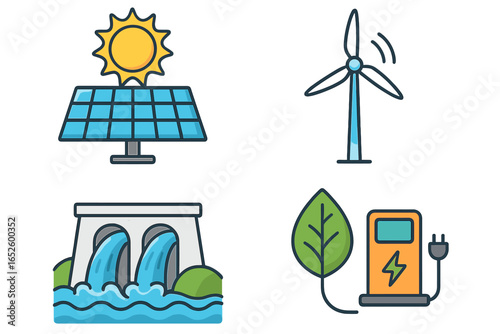 Renewable energy sources icon set. Solar panel, wind turbine, hydroelectric dam, and EV charging station. Green power, clean technology, sustainability and ecology concept.