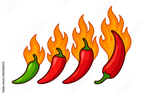 Chili pepper heat scale with flames. Vector icon set for spicy food levels. Mild, medium, hot, and extra hot peppers. Red and green chili illustration for menu design.