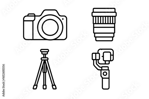 Cinematography Equipment Icons Set of 4 Outline Vector Illustrations Camera Body Lens Tripod Gimbal Stabilizer Matte Design Elements