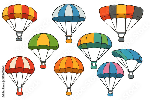 Colorful parachute designs in diverse styles with bright patterns, organized set of cartoon vector illustrations on transparent background for adventure and safety concepts