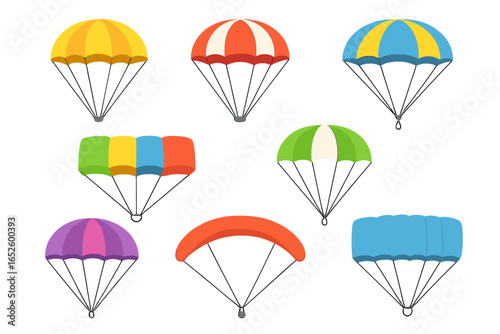 Colorful parachute designs with various styles and shapes in an organized arrangement, vector cartoon illustration set on transparent background, ordered collection for outdoor and adventure themes