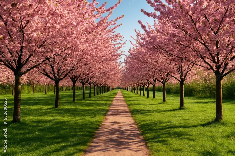 Naklejka premium Cherry Blossom Alley called Wall Trail, a scenic route tracing the remnants of the Berlin Wall with bright sunlight casting shadows