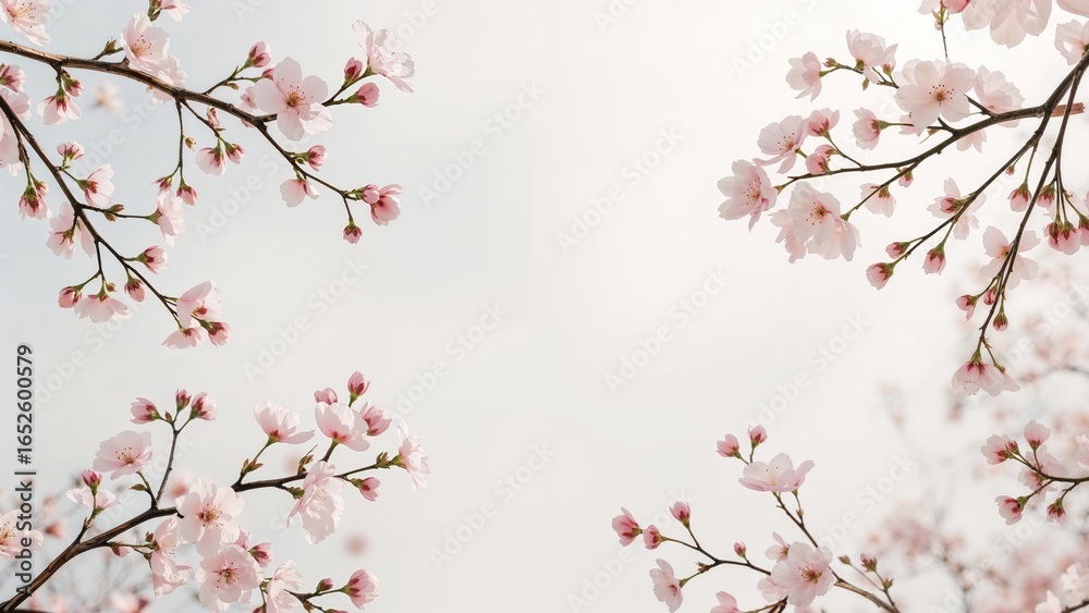 Obraz premium Spring-themed banner showcasing blossom-laden cherry branches on a muted background, floral and enchanting romantic image, landscape format with space for content.